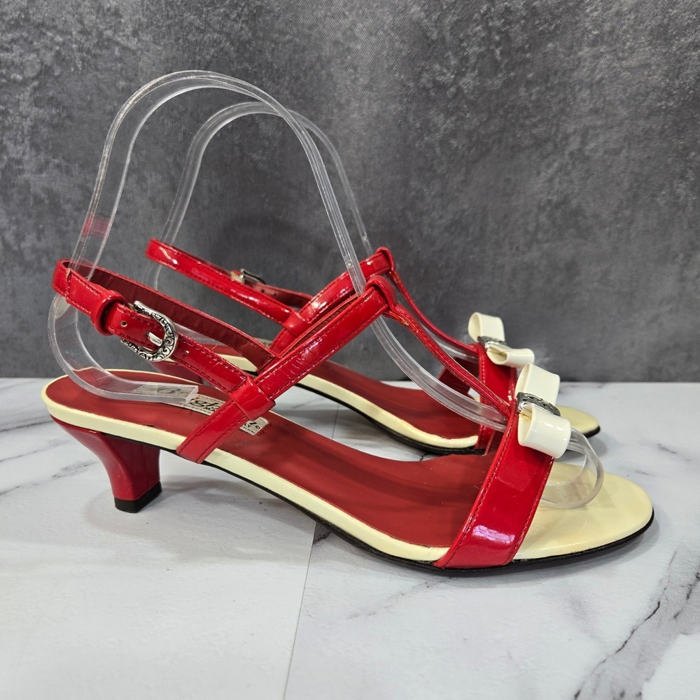 Brighton Kismet Patent Leather T Strap Kitten Heels Red Bow Sandals Italy 6.5